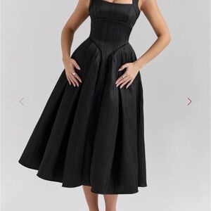 House of CB Black Structured Fit-and-Flare Midi Dress